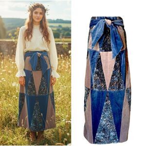 VTG 70s Glen of Michigan Blue Velvet Floral Patchwork Quilted Maxi Skirt Small